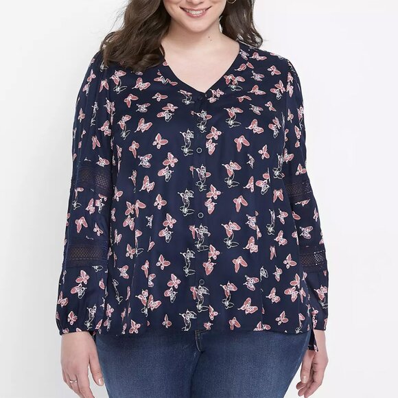 Plus Size 14/16 Lane Bryant Butterfly V-Neck Long Sleeve Button Front Lace Top - Picture 2 of 10